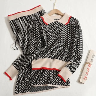 Peter Pan Collar Pullover Sweater+Women High Waist Skirt Knitted 2 Piece Set Alodia Store