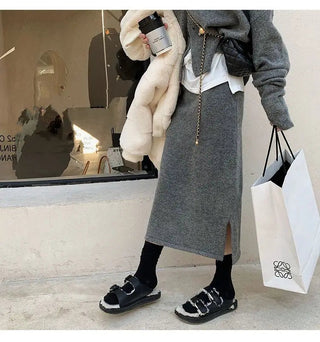 Elegant Knitting 2 Piece Set Women Long Sleeve Coat + Casual Midi Skirt Alodia Store
