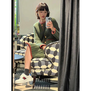 Two Peice Sets Vintage Knitted Cardigan Full  Elastic Waist  Knee-Length Skirt 2 Piece Set Luxury Alodia Store