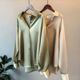 Satin Shirt Womens Clothing Silk Shirts Ovearsized Vintage Blouse Office Lady Sheer Top Longsleeve Dress Shirt Ladies Overshirt Alodia Store