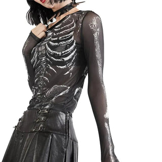 Gothic Punk Shirt 2000s Women Skeleton Pattern Round Neck Long Sleeve Crop Top Black Dark Academia Clothes y2k Tees Streetwear Alodia Store