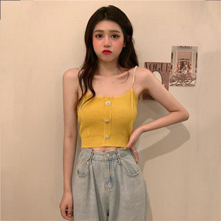 Knitted Ropa De Mujer Tank Solid Cami Y2k Crop Sexy Korean Women Fashion Halter Sleeveless Croptop Button White High Street Top alodia store