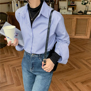 New Women's Simple Loose Tops with Pinstripes Loose Longsleeved Shirts Women Shirts  Button Up Shirt Korean Fashion Shirts Women Alodia Store