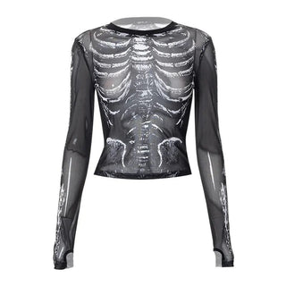 Gothic Punk Shirt 2000s Women Skeleton Pattern Round Neck Long Sleeve Crop Top Black Dark Academia Clothes y2k Tees Streetwear Alodia Store