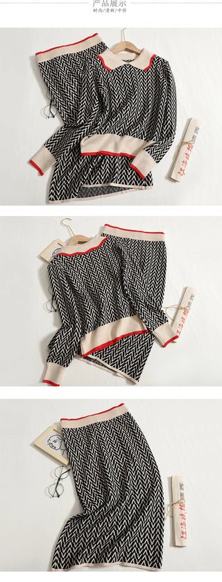 Peter Pan Collar Pullover Sweater+Women High Waist Skirt Knitted 2 Piece Set Alodia Store