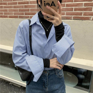 New Women's Simple Loose Tops with Pinstripes Loose Longsleeved Shirts Women Shirts  Button Up Shirt Korean Fashion Shirts Women Alodia Store