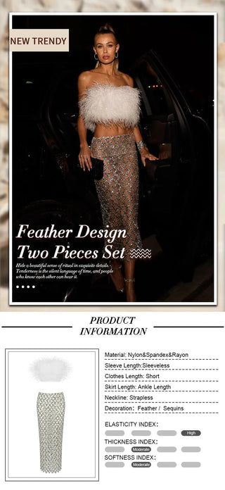VC Two Piece Set For Women feather Summer 2023 Party Cropped Top And Long Skirt Alodia Store