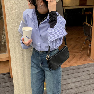 New Women's Simple Loose Tops with Pinstripes Loose Longsleeved Shirts Women Shirts  Button Up Shirt Korean Fashion Shirts Women Alodia Store