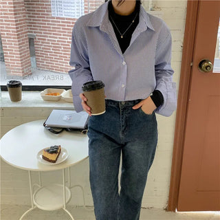 New Women's Simple Loose Tops with Pinstripes Loose Longsleeved Shirts Women Shirts  Button Up Shirt Korean Fashion Shirts Women Alodia Store