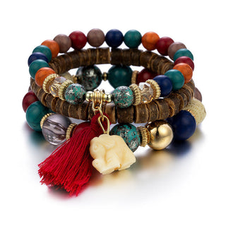 Mexico Bohemian Style Women Accessories Multi-Layer Wooden Beaded Bracelet Tree of Life Tassel Pendant Elastic Bracelet Jewelry Alodia Store