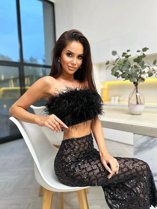 VC Two Piece Set For Women feather Summer 2023 Party Cropped Top And Long Skirt Alodia Store