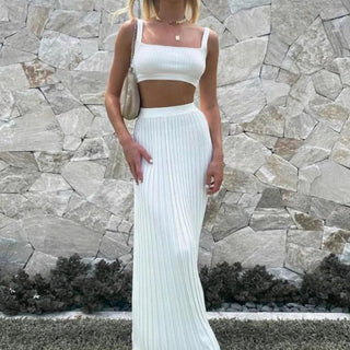 Pleated Knitted Skirt Suits For Women Long Dress Sets Summer Alodia Store