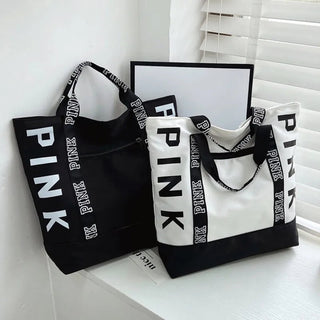 Colorblock Pink Letter Graphic Tote Handbags nylon fabric Alodia Store
