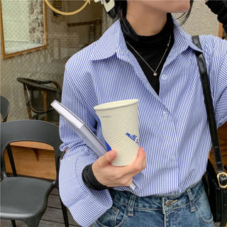 New Women's Simple Loose Tops with Pinstripes Loose Longsleeved Shirts Women Shirts  Button Up Shirt Korean Fashion Shirts Women Alodia Store