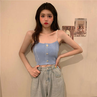 Knitted Ropa De Mujer Tank Solid Cami Y2k Crop Sexy Korean Women Fashion Halter Sleeveless Croptop Button White High Street Top alodia store