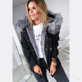 Fashion Hooded Big Fur Collar Denim Jacket Women Alodia Store