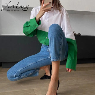 MiuKoMiYa Spring 2022 Womens Shirt Lapel Stitching Green Shirt Top Women LongSleeve White Top Cotton Shirt Alodia Store