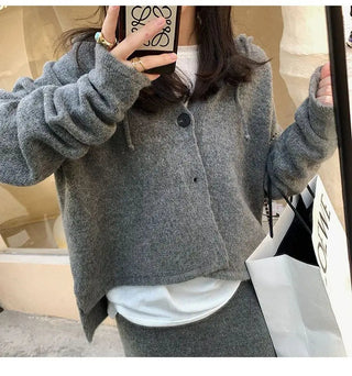 Elegant Knitting 2 Piece Set Women Long Sleeve Coat + Casual Midi Skirt Alodia Store
