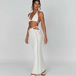 Mozision Hollow Out Knit Dress Set Women Lace-up Crop Top long skirt Alodia Store