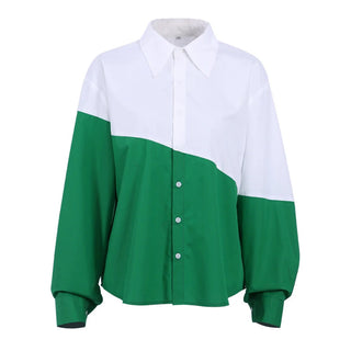 MiuKoMiYa Spring 2022 Womens Shirt Lapel Stitching Green Shirt Top Women LongSleeve White Top Cotton Shirt Alodia Store