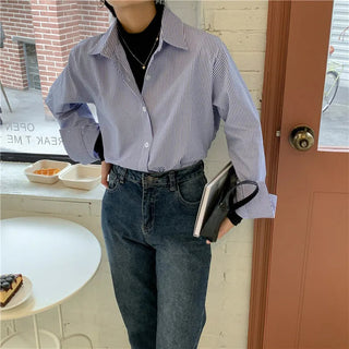 New Women's Simple Loose Tops with Pinstripes Loose Longsleeved Shirts Women Shirts  Button Up Shirt Korean Fashion Shirts Women Alodia Store
