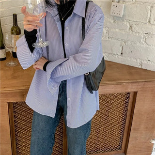 New Women's Simple Loose Tops with Pinstripes Loose Longsleeved Shirts Women Shirts  Button Up Shirt Korean Fashion Shirts Women Alodia Store