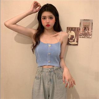 Knitted Ropa De Mujer Tank Solid Cami Y2k Crop Sexy Korean Women Fashion Halter Sleeveless Croptop Button White High Street Top alodia store