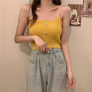 Knitted Ropa De Mujer Tank Solid Cami Y2k Crop Sexy Korean Women Fashion Halter Sleeveless Croptop Button White High Street Top alodia store