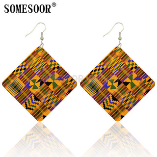 SOMESOOR Geometric African Fabric Style Bohemian Wooden Drop Earrings Afro Ethnic Square Pendant Dangle Jewelry For Women Gifts Alodia Store