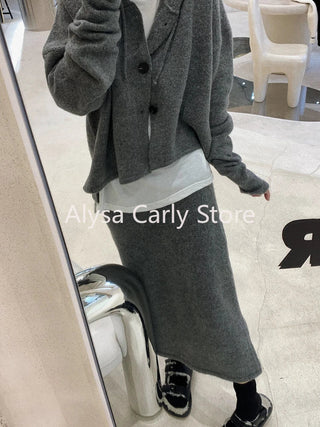 Elegant Knitting 2 Piece Set Women Long Sleeve Coat + Casual Midi Skirt Alodia Store