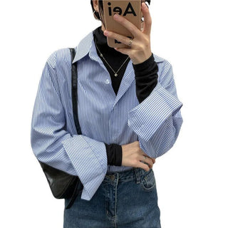 New Women's Simple Loose Tops with Pinstripes Loose Longsleeved Shirts Women Shirts  Button Up Shirt Korean Fashion Shirts Women Alodia Store
