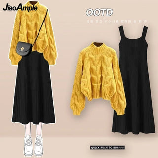 Knitted Sweater Strap Skirt Two Piece Korean Elegant Pullover Dress Suit Alodia Store