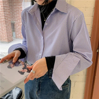New Women's Simple Loose Tops with Pinstripes Loose Longsleeved Shirts Women Shirts  Button Up Shirt Korean Fashion Shirts Women Alodia Store