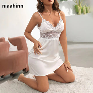 Nightgown Lace-Up Silky Patchwork Mini Sleeping Dress Alodia Store