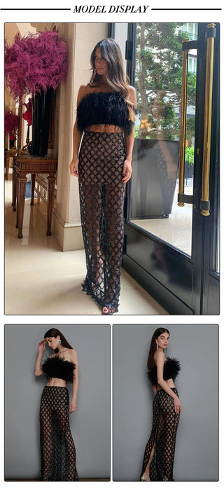 VC Two Piece Set For Women feather Summer 2023 Party Cropped Top And Long Skirt Alodia Store