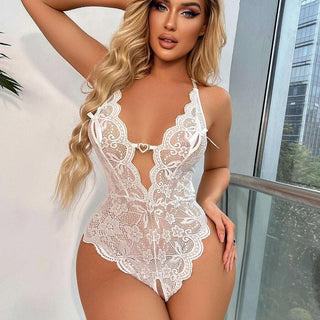 One Piece Women's Close Fitting Clothes Transparent Lace Sexy V-neck Backless Crotch Free Open Lingerie Mini Short Nightdress Alodia Store