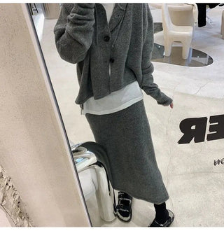 Elegant Knitting 2 Piece Set Women Long Sleeve Coat + Casual Midi Skirt Alodia Store