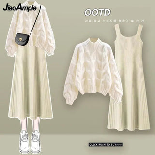 Knitted Sweater Strap Skirt Two Piece Korean Elegant Pullover Dress Suit Alodia Store