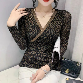 Leopard Mesh T Shirt Women V-neck Diamonds Sexy Tight Short T-shirt Female Long Sleeve Vintage Wrap Tshirt Femme Thin Slim Alodia Store