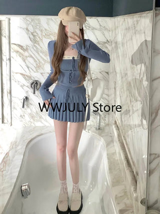 korean Grey Knitted Suit Woman Y2k Crop Tops Sweater Alodia Store
