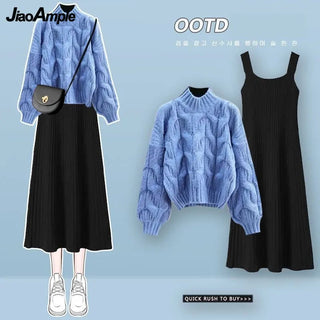 Knitted Sweater Strap Skirt Two Piece Korean Elegant Pullover Dress Suit Alodia Store