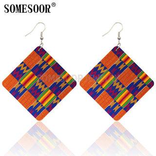 SOMESOOR Geometric African Fabric Style Bohemian Wooden Drop Earrings Afro Ethnic Square Pendant Dangle Jewelry For Women Gifts Alodia Store