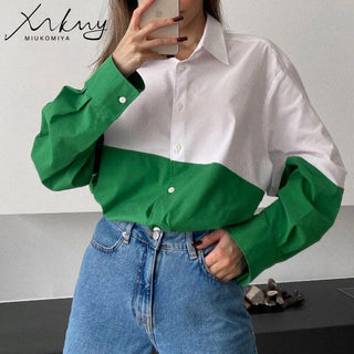 MiuKoMiYa Spring 2022 Womens Shirt Lapel Stitching Green Shirt Top Women LongSleeve White Top Cotton Shirt Alodia Store