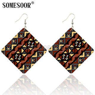 SOMESOOR Geometric African Fabric Style Bohemian Wooden Drop Earrings Afro Ethnic Square Pendant Dangle Jewelry For Women Gifts Alodia Store