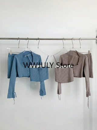 korean Grey Knitted Suit Woman Y2k Crop Tops Sweater Alodia Store