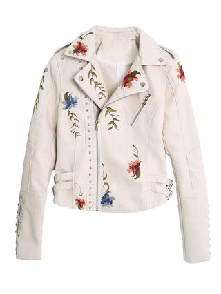 Ftlzz Women Floral Print Embroidery Faux Soft Leather Jacket Coat Alodia Store