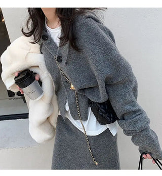 Elegant Knitting 2 Piece Set Women Long Sleeve Coat + Casual Midi Skirt Alodia Store