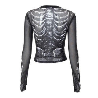Gothic Punk Shirt 2000s Women Skeleton Pattern Round Neck Long Sleeve Crop Top Black Dark Academia Clothes y2k Tees Streetwear Alodia Store
