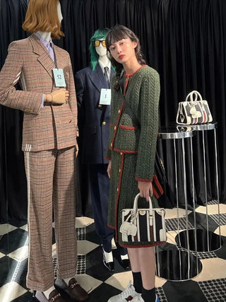 Two Peice Sets Vintage Knitted Cardigan Full  Elastic Waist  Knee-Length Skirt 2 Piece Set Luxury Alodia Store