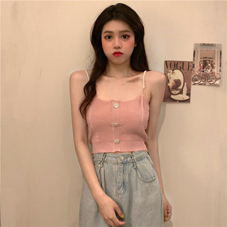 Knitted Ropa De Mujer Tank Solid Cami Y2k Crop Sexy Korean Women Fashion Halter Sleeveless Croptop Button White High Street Top alodia store